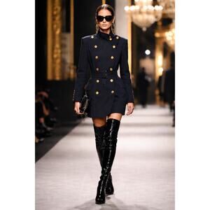 Balmain Navy Gold double-breasted military coat trench Jacket 28 / 42 Small